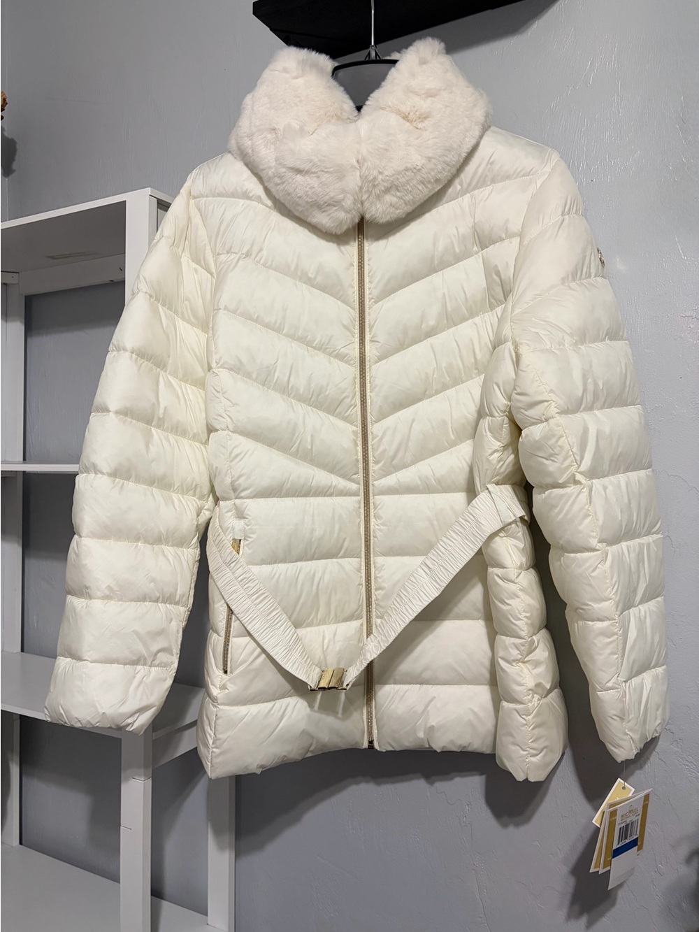 Michael Kors Ivory Puffer Jacket with Faux Fur Collar